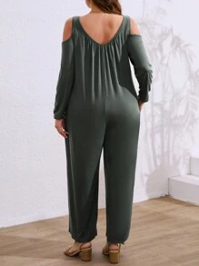 Breezaya Mono ancho con pliegues de unicolor talla grande, mono con hombros descubiertos y mangas acampanadas, ropa de talla grande para mujer