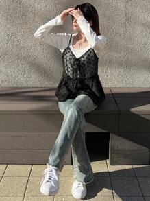 FRIFUL Débardeur à bretelles spaghetti texturé noir pour femmes, superposé avec un nœud papillon à nouer, transparent, top babydoll d'été