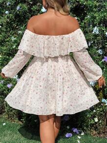 Flirla 大码春夏优雅复古浪漫优雅甜美露肩刺绣花卉荷叶边下摆长袖时尚连衣裙 - 彩色 - 查看 2