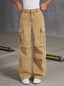 SHEIN Jeansy Baggy Cargo Khaki dla dziewczynek w stylu tween