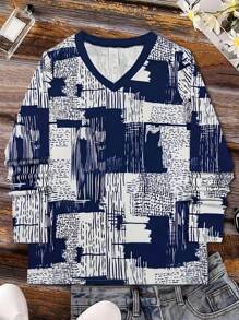 Camiseta casual de mujer de manga larga con cuello en V y estampado, para uso diario