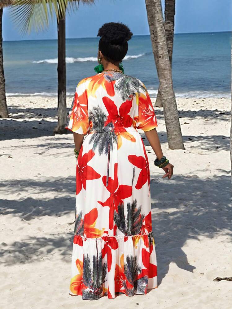 Slaydiva Vestido con estampado floral para mujer de talla grande con bajo asimétrico, escote bajo, mangas de hombro, cintura ceñida para fiesta, vacaciones, look elegante en verano - Multicolor - Añade 2