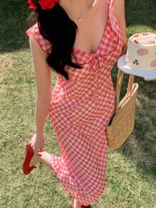 DAZY 女士 V 领荷叶边格子中长休闲连衣裙、挤奶女工连衣裙 - 紅色 - 查看 1