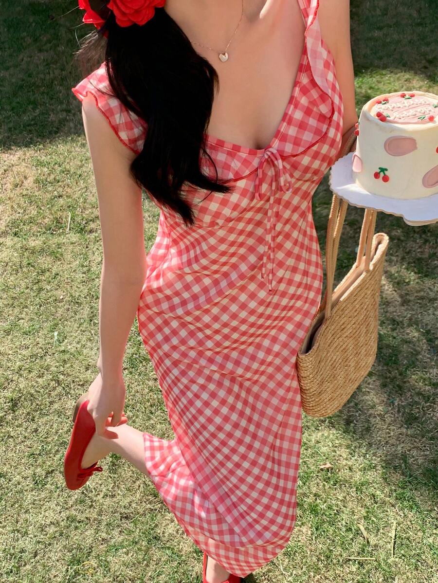 DAZY 女士 V 领荷叶边格子中长休闲连衣裙、挤奶女工连衣裙 - 紅色 - 查看 1
