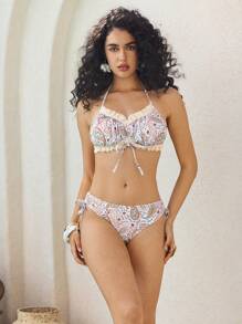 Random Paisley Print Halter Lace Trim Drawstring + Drawstring Bowknot Triangle Bottom 2pcs Women Swimwear Set, Beach Outfits For Summer Beach Vacation