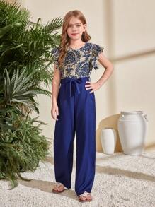 SHEIN Leap Crew Tween Girls' Print Ruffle Trim Cap Sleeve Jumpsuit, Bohemian Vacation Style, Suitable For Spring Travel & Holiday - Blue - View 4