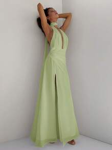 Aloruh 女式深 V 领露背度假长款雪纺连衣裙，配系带，合身喇叭裙款式，适合婚礼、派对、春夏季