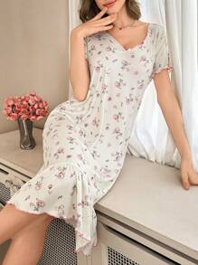 CottageSlumber Váy ngủ tay ngắn họa tiết hoa cổ chữ V đơn giản dành cho nữ hoàn hảo cho mùa hè - Màu be - Xem 6