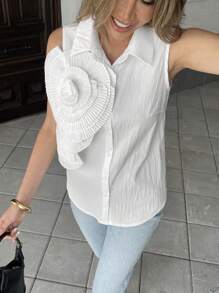 Chiquease Women's Casual Solid Color 3D Flower Decor Sleeveless Shirt - White - View 4