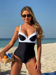 SHEIN Swim Elegant Minimalist Monochrome Women's One-Piece Summer - Black and White - View 4
