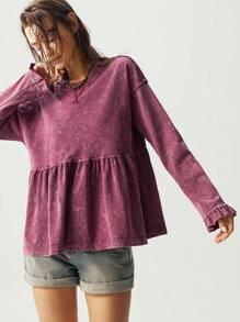 Bohemela 休闲纯色针织圆领落肩长袖宽松腰部褶皱设计女士运动衫 - 紅色 - 查看 3