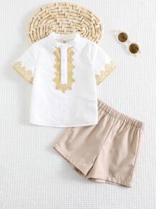 Cozy Pixies 2 件装男婴传统图案立领长袖上衣和松紧腰裤套装 - 卡其色 - 查看 3