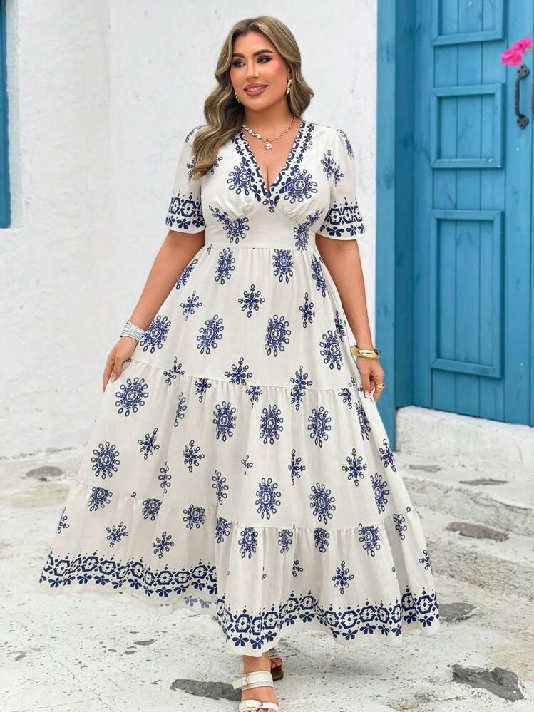 blue plus size boho dress SHEIN Clasi Elegant V-Neck Short Sleeve Allover Print Casual Dress, For Summer Vacation Wedding Guest Navy Size:US 9