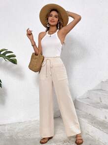 SHEIN Frenchy Women's Solid Color Cotton Frill Trim Waist Tie Utility Pocket Crepe Texture Casual Pants, Sweat-Absorbent And Breathable Spring, Summer Pants, For Daily Wear, French Holiday Winter - Apricot - View 3