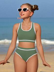 SHEIN Tween Girl Colorblock Trim Swimwear Set For Beach/Vacation Summer Holiday