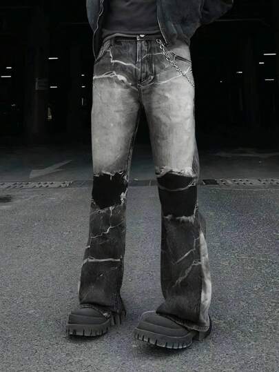 Street Life Jeans casuales sencillos con bolsillo estampado y botones delanteros para hombres en estilo grunge