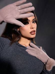 SHEIN SXY Fuzzy Heart Shaped Mittens, For Casual Daily And Home Use - Khaki - View 2