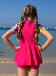 SHEIN 3pcs Tween Girls' Fashion Graffiti Print Ruffle Tankini And Shorts Swimwear Set With Hat, Girls' Beach Outfit With Front Zip, Swimdress And Shorts,Girls Surf Suit - Hot Pink - View 2