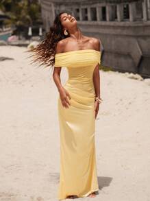 Opulessa 夏季度假服装女士海滩波西米亚风波西米亚节婚礼派对优雅性感正式伴娘生日纯色针织网眼露肩美人鱼连衣裙 - 黃色 - 查看 2