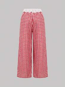 SHEIN MOD Plus Size Red Plaid Lace Patchwork Cute Sports Trousers - Red and White - View 2