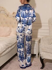 LuxeNights Elegant Vintage Blue Ink Color Button Pocket Long Sleeve Top & Pants Women's Pajama Set, Autumn/Winter, Fall Clothes  Cozy And Elegant Details