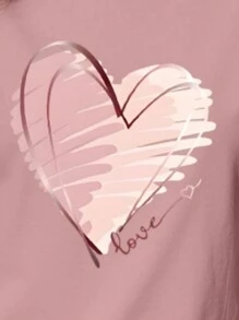 Teen Girls' Casual Simple Heart Print Short Sleeve Round Neck T-Shirt, Suitable For Summer