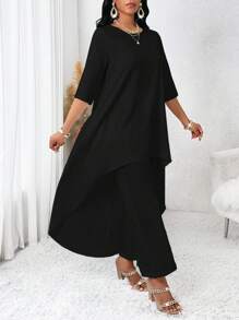 SHEIN Lady Plus Size Casual Commuter Solid Color Long Top & Pants Set