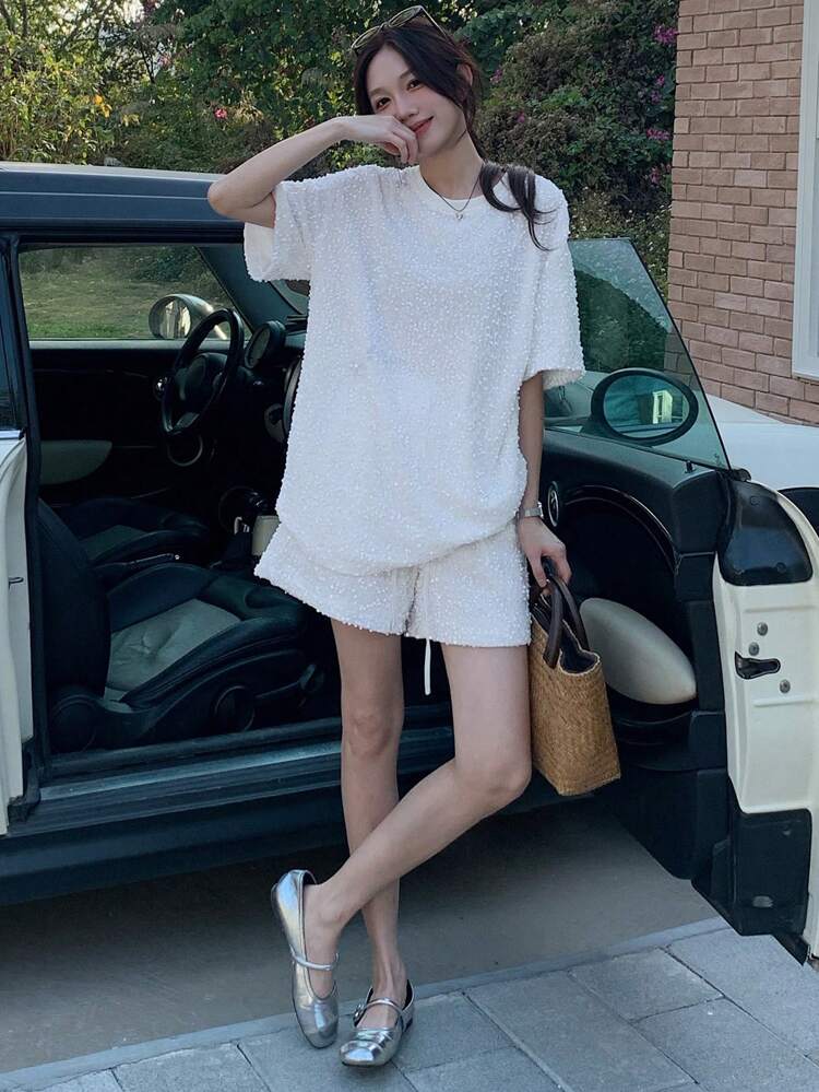 2pcs Women Solid Color Round Neck Short Sleeve Top & Shorts Set Summer Lounge Sets For Women