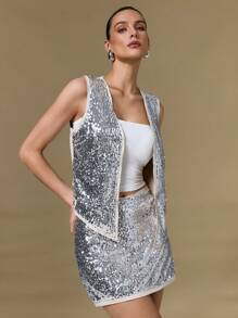 Poéselle 女士时尚银色亮片拼布无袖上衣和迷你裙两件套，女士银色亮片无袖上衣和裤子套装，情人节套装，春季银色套装，女士派对礼服 - 銀色 - 查看 4