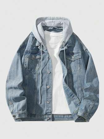 Street Life Men's Front Button Long Sleeve Pocket Casual Denim Hooded Jacket
