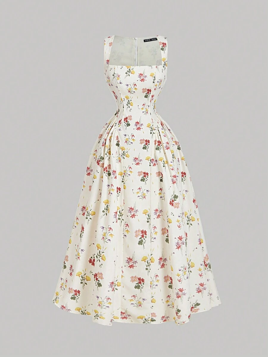 SHEIN MOD 女士复古方领无袖全印花休闲连衣裙、情人节、春季连衣裙、女士早午餐装、茶会装、女士度假装、女士花裙、夏季度假装、女士复古连衣裙 - 彩色 - 查看 1