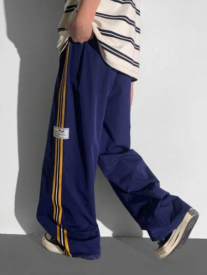 SHEIN Tween 男童休闲百搭舒适松紧腰字母织标直筒宽松纯色裤子，适合通勤、上学、日常生活、度假、运动、春季、夏季、秋季、冬季