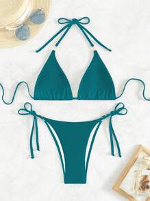 SHEIN Swim 夏季简约时尚休闲日常比基尼 - 水鴨藍 - 查看 4