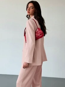 Aloruh 年轻女士简约通勤灰色纹理超大宽松长袖西装外套 - 淺粉色 - 查看 10