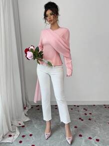 Elenzga Women's Elegant Round Neck Long Sleeve Solid Color Princess Seam Cinched Waist Chiffon Batwing Blouse, Fashionable And Slimming