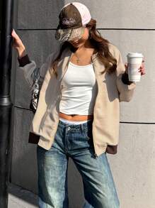 女式字母印花长袖前拉链休闲棒球夹克 - 卡其色 - 查看 4