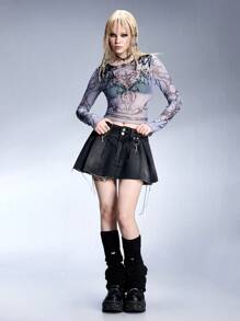 ROMWE Grunge Punk Y3K Cybersigilism Print Mesh Sheer Skinny Top - Multicolor - View 3