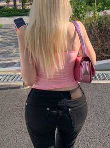 DAZY Women Spaghetti Strap V-Neck Bowknot Waist Tank Top - Pink - View 8