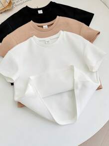 SHEIN Leap Crew 3 件儿童夏季休闲韩版纯色宽松圆领短袖 T 恤，高性价比服装，适合外出、街头装、派对 - 黑與白 - 查看 3