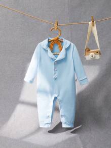SHEIN Newborn Unisex Baby All-Match Casual Collared Contrast Color Striped Long Sleeve Romper, Suitable For Christmas And Everyday, Autumn/Winter