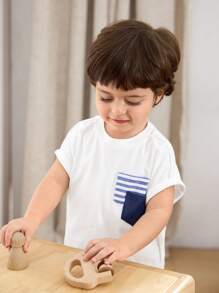 Cozy Pixies 2pcs/Set Baby Boy Decorative Pocket Knitted Soft Round Neck Raglan Short Sleeve Pullover Top And Striped Pants Set - Multicolor - View 6