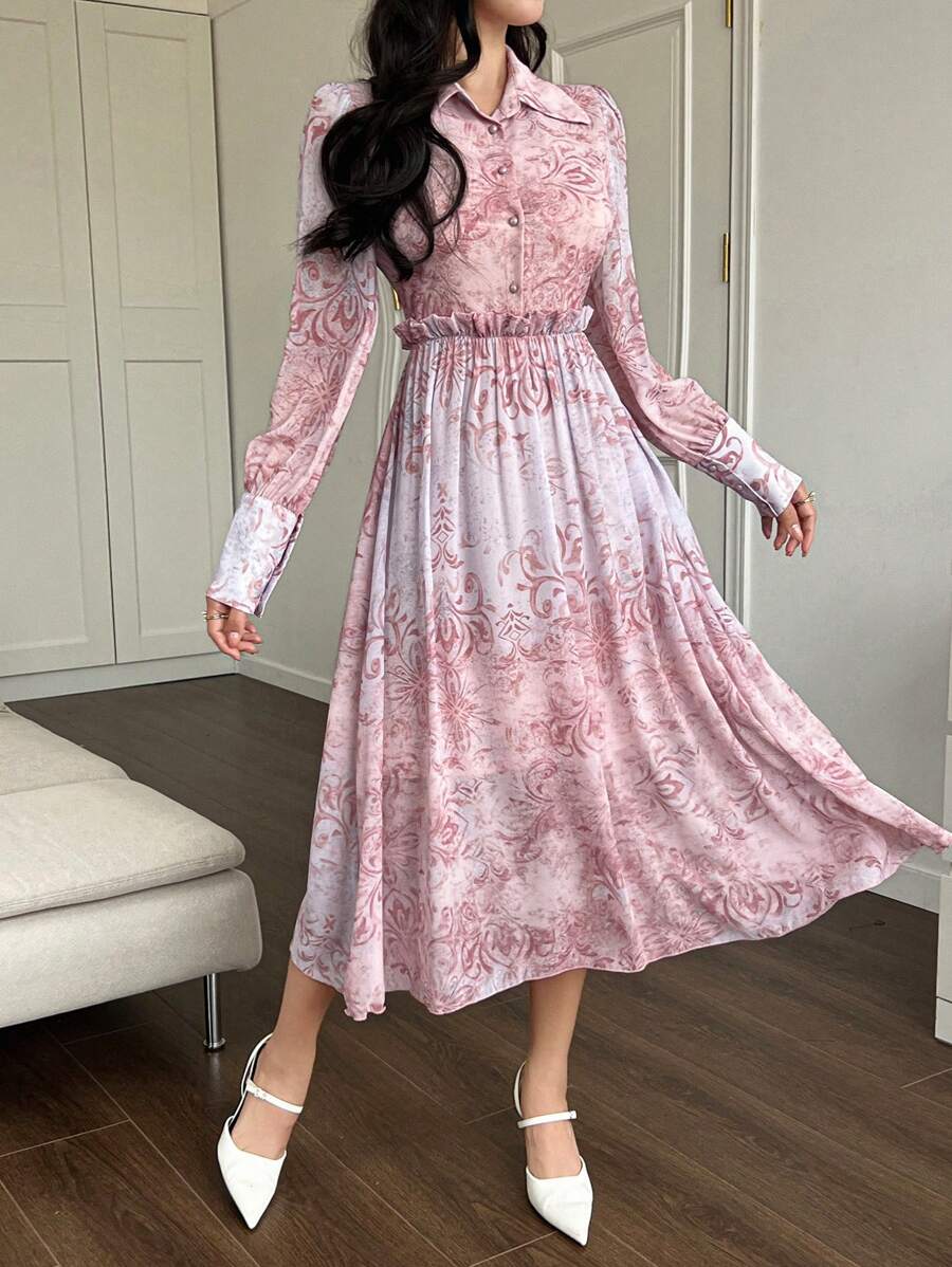 DAZY 一件女士中长款印花连衣裙，灯笼袖配腰带，优雅衬衫裙，秋季长袖连衣裙 - 粉色 - 查看 1