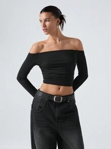 LYSMO Camiseta Corta De Mujer Con Volantes Y Hombros Descubiertos - Negro - Ver 4