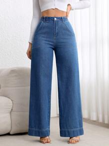 EMERY ROSE Women's Simple Front Button Pocket Denim Jeans, Casual Daily Wear - Medium Wash - View 5