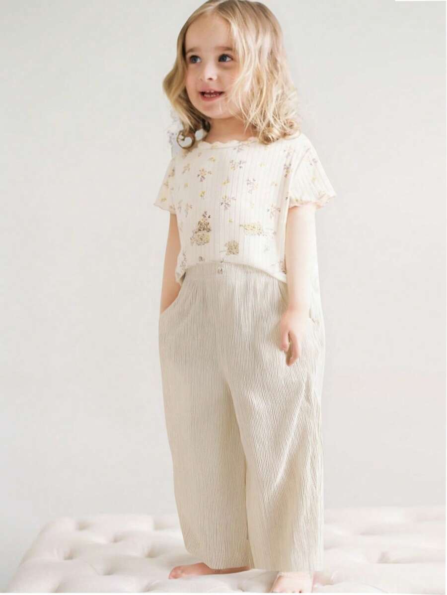 SHEIN Pantalones rectos de pana para niñas pequeñas, pantalones casuales anchos de pierna suelta