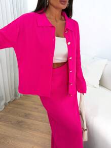 EURMUSE Polo Neck Cardigan Skirt Rib Pattern Knitwear Set - Hot Pink - View 5