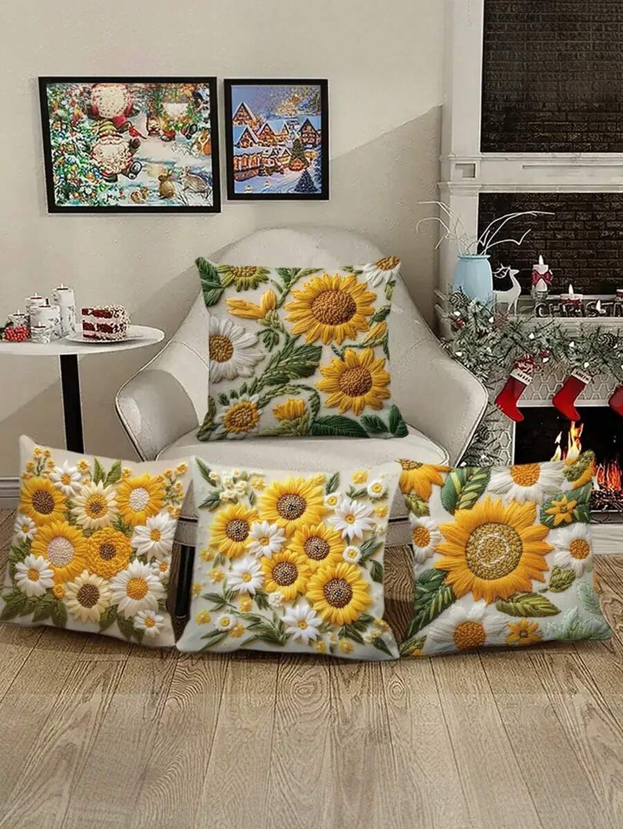 4pcs/Set Vintage Sunflower Pattern Throw Pillow Covers, 2D Flat Printing Polyester Fabric, Washable Zipper Design, Woven Floral Pattern, Pillow Inserts Not Included, Suitable For Home Decor, Living Room, Bedroom, Sofa, Car Decoration - Multicolor - View 1