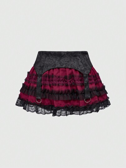 Goth Valentine's Day Gothic Jacquard Lace & Mesh Panel Tiered Ruffle Hem Mini Skirt