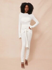 SHEIN Unity Top de Manga Longa Casual de Primavera, Viagem, Tricô de Verão, Festivais Modestos, Casual, Ação de Graças, Natal, Réveillon para Mulheres - Branco - Visão 4