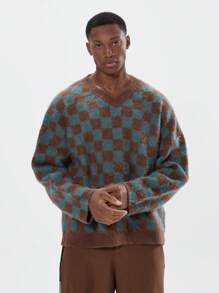 Musero Men V Neck Contrast Checkerboard Knit Long Sleeve Sweater Autumn Winter Jumper - Multicolor - View 4